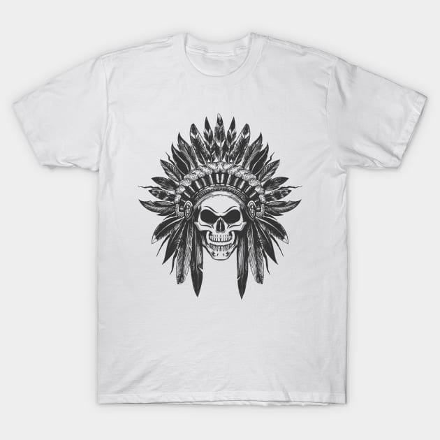 Native American Indian skull in War Headdress T-Shirt by devaleta